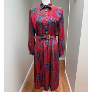 Vintage 80s Lady Carol Midi Dress Womens size 10 Red Paisley Belted